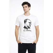 Asmedo Erkek Atatürk Baskılı Tişört Kısa Kollu Bisiklet Yaka T-Shirt - Beyaz