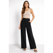 Asmedo Kadın Yüksek Bel Palazzo Pantolon Çima Dikişli Bol Paça - Siyah