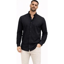 Asmedo Erkek Keten Kumaş Oversize Uzun Kollu Rahat Kalıp Gömlek - Siyah