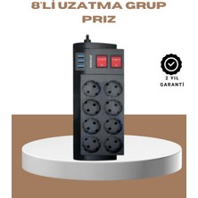 TeknoKapsül Güçlü Termal Korumalı 8 Priz + 3 USB Çoklu Uzatma Kablosu 2m