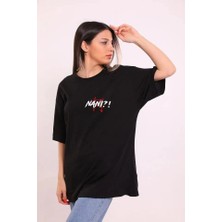 Asmedo Bisiklet Yaka Baskılı Oversize T-Shirt - Siyah