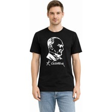 Asmedo Erkek Atatürk Baskılı Tişört Kısa Kollu Bisiklet Yaka T-Shirt - Siyah