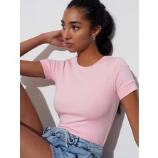 Dilvin 32637 Bisiklet Yaka T-Shirt-Toz Pembe