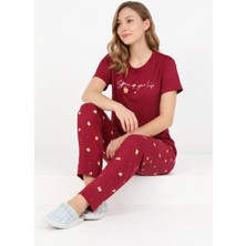 Işılay Kadın Bordo Milan "spice Up Your Life" Baskılı Sıfır Yaka Kısa Kollu Günlük Pijama Takımı