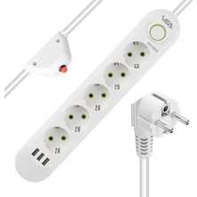 Pearl Shop Korumalı, 5'li Çoklu, 3 Usb, 1.5 mt Kablo, Anahtarlı Grup Priz, Usbli, Isıya Dayanıklı, 3000 Watt Gücünde