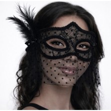 Najmaddin Siyah Dantel Tüllü Peçeli Parti Maskesi - Tüylü Inci Detaylı