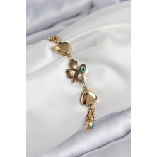 Hatıra Kutusu 316L Çelik Nazar Boncuk Detaylı Yonca Model Gold Renk Kadın Bileklik - Lisinya