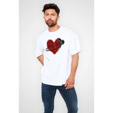 Asmedo Bisiklet Yaka Baskılı Oversize T-Shirt - Beyaz