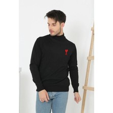 Asmedo Yarım Boğazlı Baskılı Dokuma Triko - Siyah