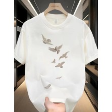 Asmedo 20/1 Penye Compack Özgür Kuşlar Baskılı Oversize Bisiklet Yaka T-Shirt - Beyaz