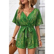 Kadın Kısa Kollu Kruvaze Yakalı Belden Kuşaklı Desenli Kısa Süprem Tulum