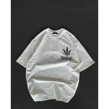 Asmedo Bisiklet Yaka Baskılı Oversize T-Shirt - Beyaz