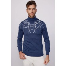 Asmedo Baskılı Tam Boğazlı Uzun Kol Dokuma Triko - Indigo