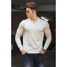 Asmedo Erkek V Yaka Kazak Uzun Kol Düz Dokuma Triko - Krem