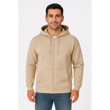 Asmedo Üç Iplik Kapüşonlu Tam Fermuarlı Kanguru Çepli Sweatshirt Hoodie - Bej