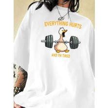 Asmedo Ördek Baskılı ve Yuvarlak Yakalı   Günlük Büyük Boy Siyah Tişört. - Beyaz