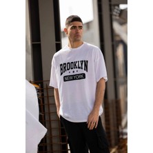 Asmedo Bisiklet Yaka Baskılı Oversize T-Shirt - Beyaz