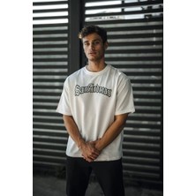 Asmedo Bisiklet Yaka Baskılı Oversize T-Shirt - Beyaz