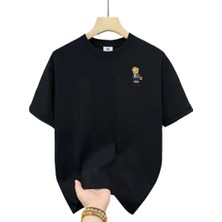 Asmedo 20/1 Penye Compack Gözlüklü Ayı Baskılı Oversize Bisiklet Yaka   T-Shirt - Siyah