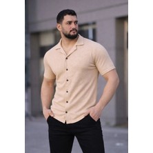 Asmedo Erkek Waffle Kumaş Kısa Kollu Düğmeli Açık Yaka Regular Fit Gömlek - Bej