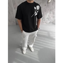 Asmedo Bisiklet Yaka Baskılı Oversize T-Shirt - Siyah