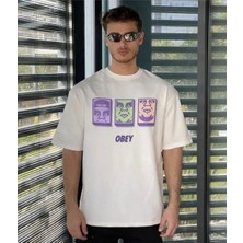 Asmedo Bisiklet Yaka Baskılı Oversize T-Shirt - Beyaz