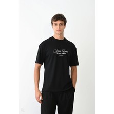 Asmedo Bisiklet Yaka Baskılı Oversize T-Shirt - Siyah