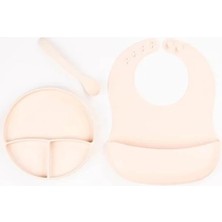 Özssay Krem Rengi 3’lü Silikon Yemek Seti – Önlük + Diş Kaşıyıcılı Kaşık + Vakumlu Tabak