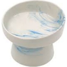 Sepetopia Mermer Desenli Yükseltilmiş Seramik Kedi Mama ve Su Kabı - Mavi Geçişli