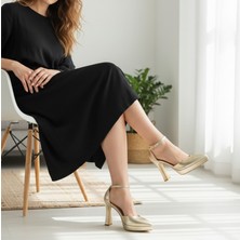 Foreversoles Altın  Gold Platform Topuklu Kadın Bilek Bantlı Abiye Ayakkabı