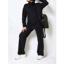 Moda Morfo Kapşonlu Kanguru Cepli Fitilli Takım -Siyah