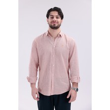 Erkek Somon Çizgili Regular Fit Keten Karışımlı Uzun Kol Gömlek