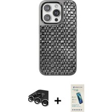 Nuveden Ieg™ iPhone 15 Pro Max Kılıf Siluet Form Serisi - Şeffaf Pasifik Cam Ekran Koruyucu + Gümüş