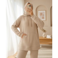 Moda Morfo Kapşonlu Kanguru Cepli Fitilli Takım -Bej