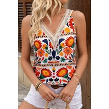 Serac Collection Kadın Askılı V Yaka Dantelli Süprem Bluz