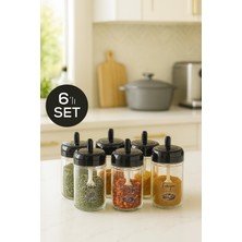 PremiumPort 6'lı Cam Baharatlık Seti, Serigrafi Etiketli, Kendinden Kaşıklı