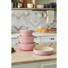 PremiumPort Pembe 7 Parça Döküm Tencere Seti ve 2 Fırın Eldiveni, Dayanıklı ve Şık