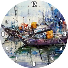 Rıhtımda Demirli Kayıklar Yağlı Boya Duvar Saati 50X50 cm