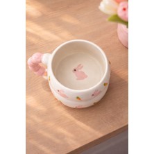 PremiumPort El Yapımı Seramik Kupa, Tavşan Desenli, Boncuk Kulp, Özel Kabartmalı