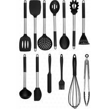 PremiumPort Paslanmaz Çelik ve Silikon Uçlu Mutfak Spatula Seti, Siyah, 14 Parça