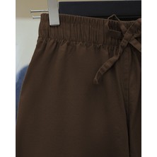 Moda Morfo Bağcık Detaylı Bol Paça Beli Lastikli Keten Pantolon -Kahve