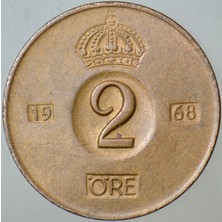 Banknoting Isveç 2 Öre 1968 Kral 6. Gustaf Dönemi.