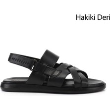 Gönderi(r) Erkek Siyah  Ayarlanabilir Cırt Bantlı Hakiki Deri Sandalet
