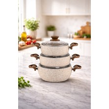 PremiumPort 6'lı Granit Güveç Tencere Seti, Cappuccino Bakalit Saplı, 18/20/22 cm