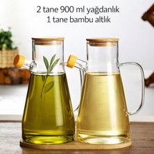 PremiumPort Borosilikat Cam Yağdanlık ve Sirkelik Seti, Bambu Kapaklı, Altlıklı, 3'lü
