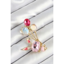 Youday Accessories Zirkon Taşlı  Balonlu Pembe Tavşan Figürlü Gold Renk Kadın Broş