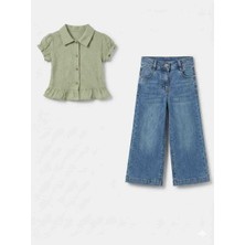 Kız Çocuk Fırfırlı Gömlekli Pantolonlu Bayramlık Takım