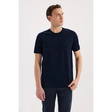 Jakamen Lacivert Slim Fit Bisiklet Yaka Desenli %100 Pamuk T-Shirt