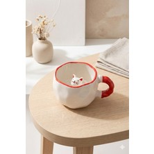 PremiumPort El Yapımı Kedi Desenli Seramik Kupa, Kırmızı Kulplu Kahve Fincanı