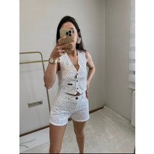 Beyaz Taş Işleme Muadil Yelek Şort Takım